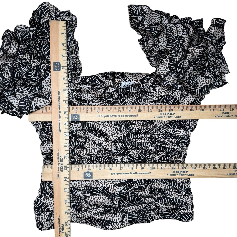 ZARA Blouse Small Tiger Animal‎ Print Ruffle Square Neck Ruched Statement RARE - Picture 8 of 8